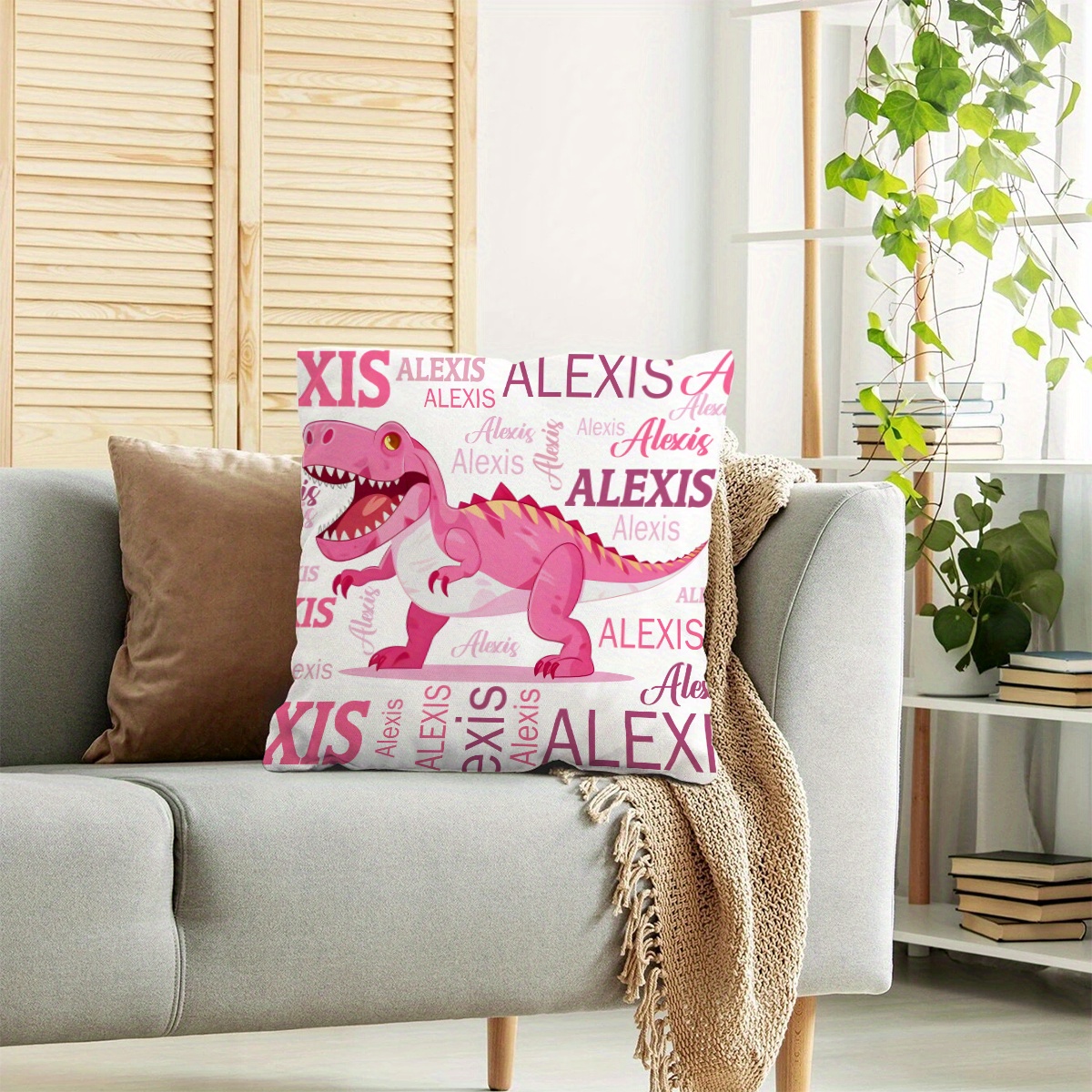 

Customized Dinosaur Printed Throw Cushion Cover - 1pc Pink Design With Personalized Name, Zippered, Contemporary Style, Knit Polyester Fabric, Machine Washable, Ideal Gift For Home Décor In Rooms