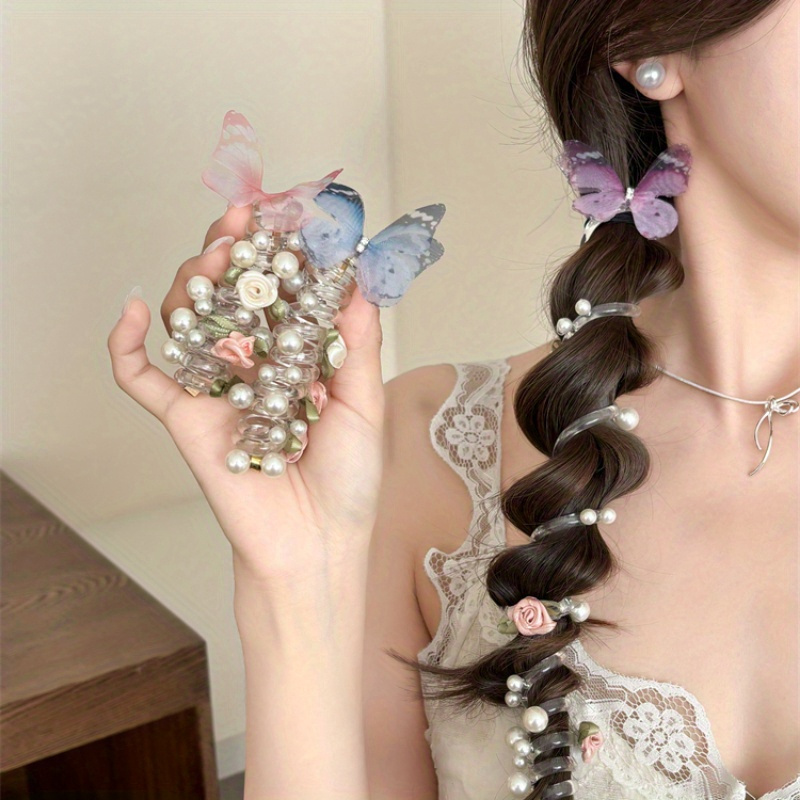 

3pcs Set Rose & Pearl Phone Cord Hair Ties - Stylish Ponytail Holders For Girls, Casual Attire