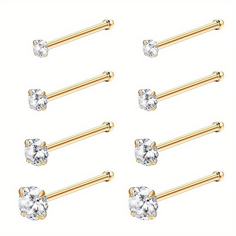8pcs S925 Silver 4-claw Nose Studs, Super Sparkly Mini Nose Piercings, Versatile Ear Bone Studs