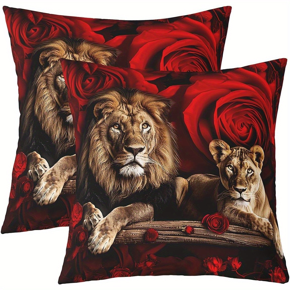 

2pcs Lion Pillow Cover 18*18in Red Rose Floral Decorative Pillow Cover Suitable For Sofa Pattern Cushion Cover Outdoor Pillow Cover