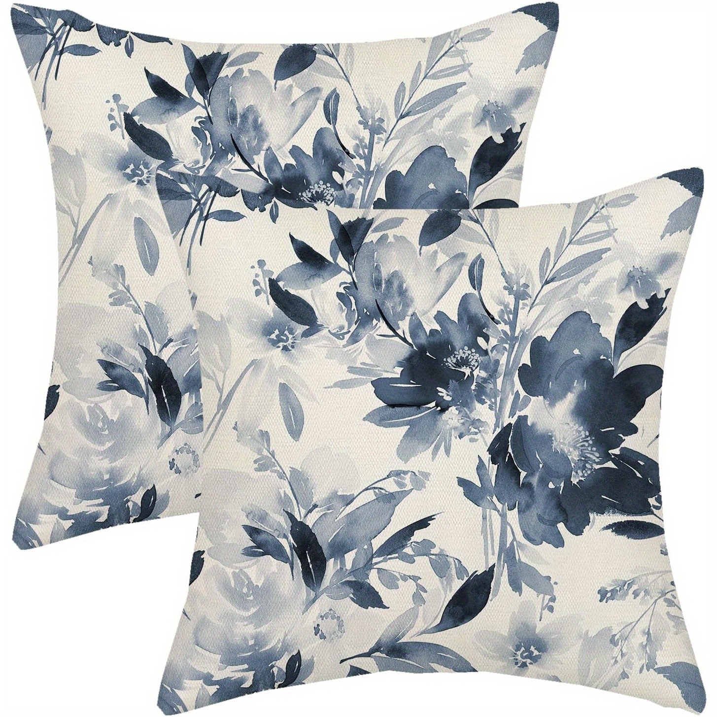

2pcs Set Spring Floral Pillow Covers 18x18 Inches - Watercolor Navy Blue, Farmhouse Decorative Throw Pillow Cases For Sofa & Bed