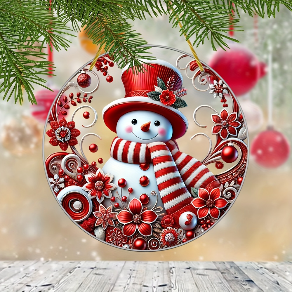 

1pc Red Hat Christmas Snowman Suncatcher, Acrylic Round Wreath Design, Best Holiday Gift For , Suitable For Christmas Party Decoration Winter Decor