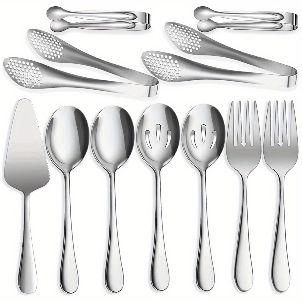 TEMU 11pcs Serving Utensils Set Large Stainless Steel Spoons Forks Tongs Pie Server Great For Hostess Buffet Catering Banquet Party