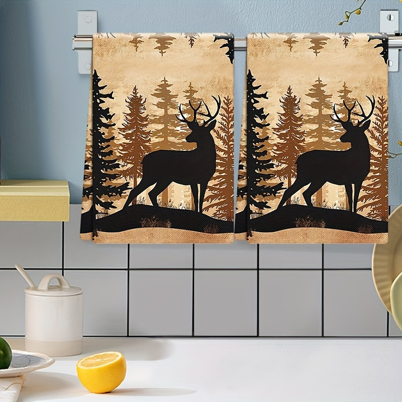 

2pcs Set Vintage Deer & Kitchen Towels - , Polyester Dish Cloths For Cooking, Baking, And Cleaning - Home Decor