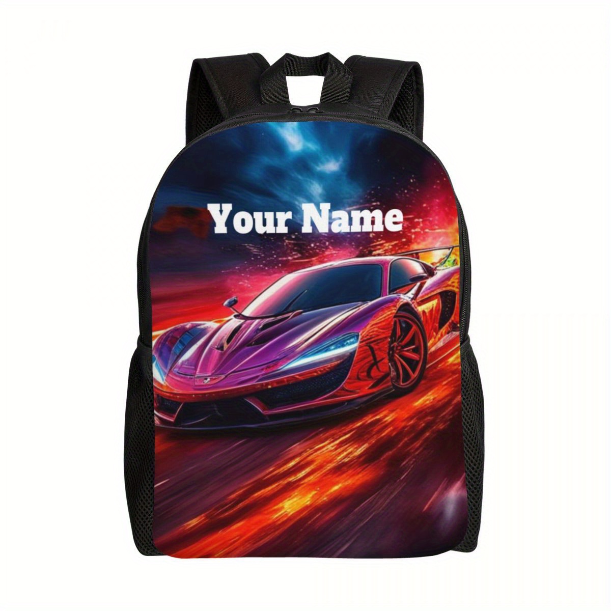 

Racing Car Pattern & Customized Name Letter Print Backpack With Adjustable Strap, Large Capacity And Zipper Closure, For Outdoors And Use