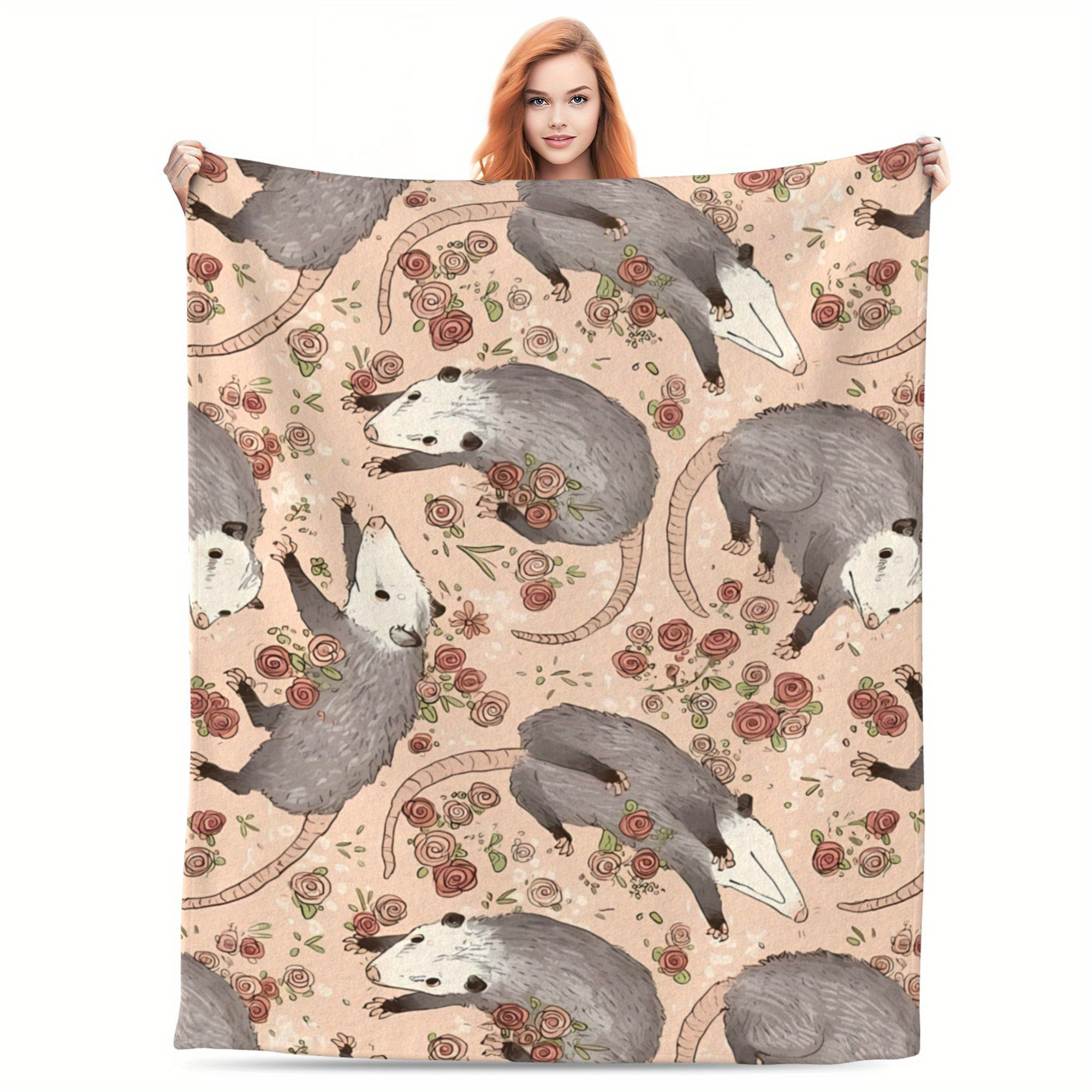 

Style Opossum Print Throw Blanket, Warm Polyester Flannel Fleece, Anime-themed Bedding, Throw For Travel, Picnic, Camping, Christmas, Wedding, Birthday Gift