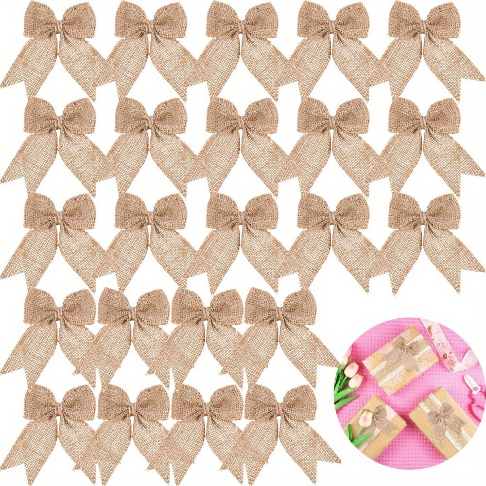 Image of 20pcs, Burlap Bows Burlap Bow Knot Handmade Burlap Decorative Bowknot Natural Ornament Bow For Christmas Decorate Holiday Party Supplies