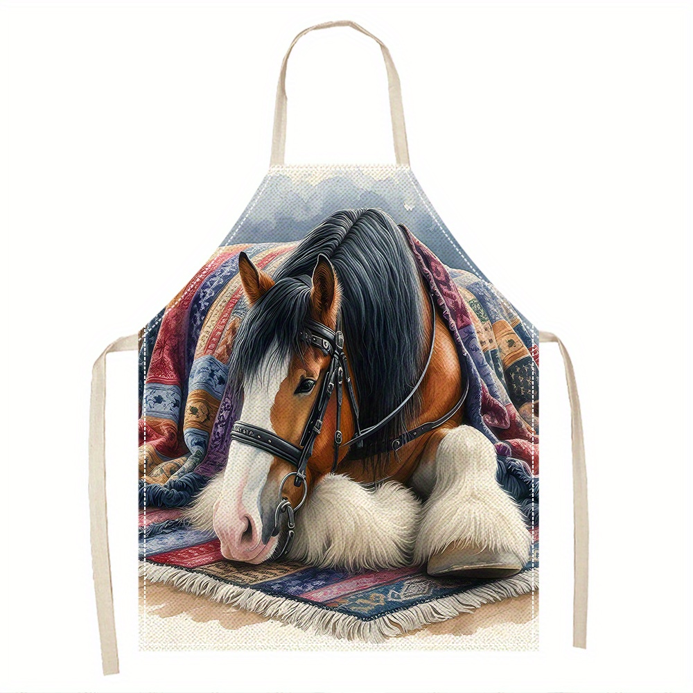 

1pc Horse Print Apron - 100% Linen Woven Fabric, Sleeveless Kitchen Apron, Unisex, Oil & Stain Resistant, For Cooking, Baking, Home Use - Creative Equestrian Design