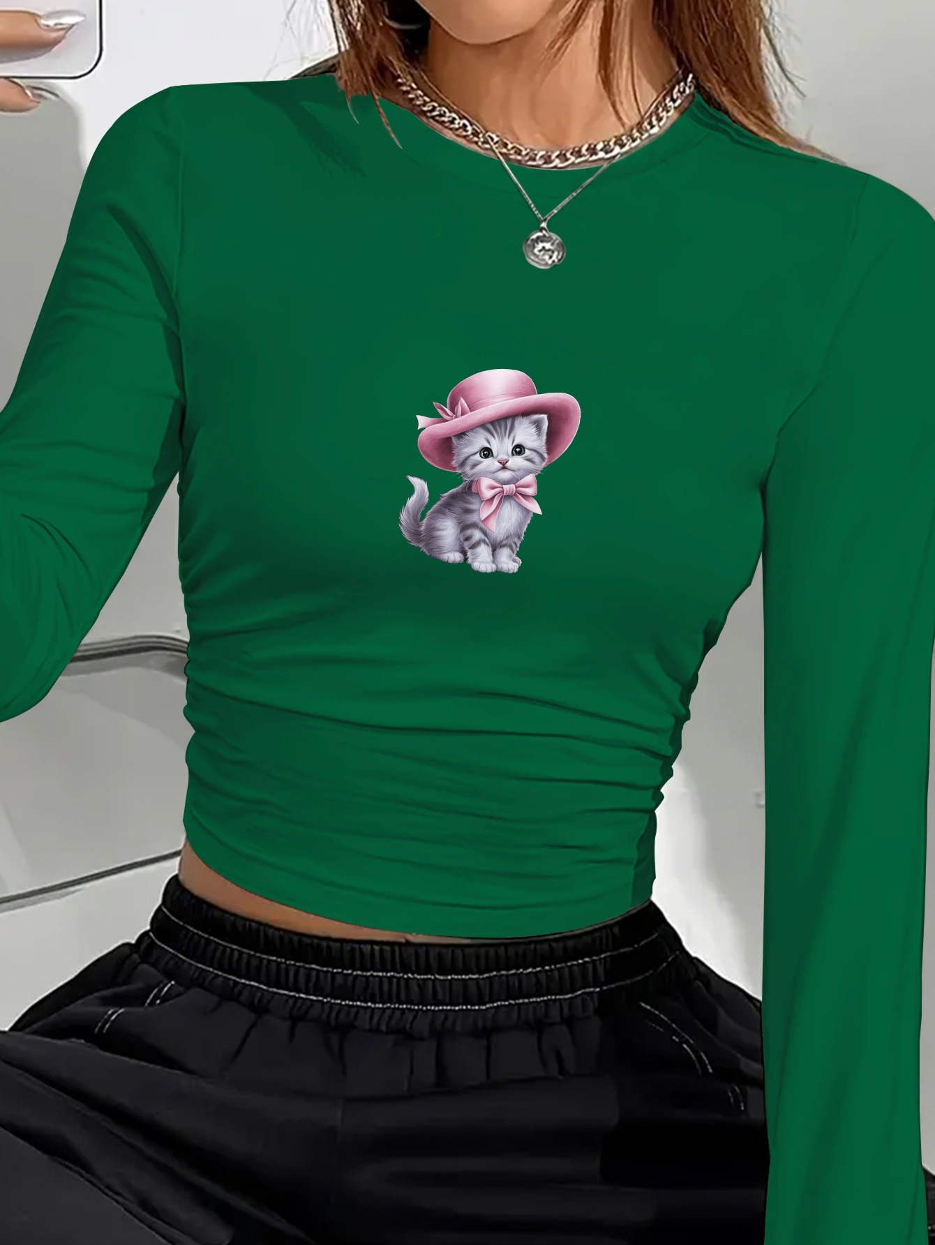 kitten print crew neck t shirt casual long sleeve t shirt for spring fall womens clothing hat green 0