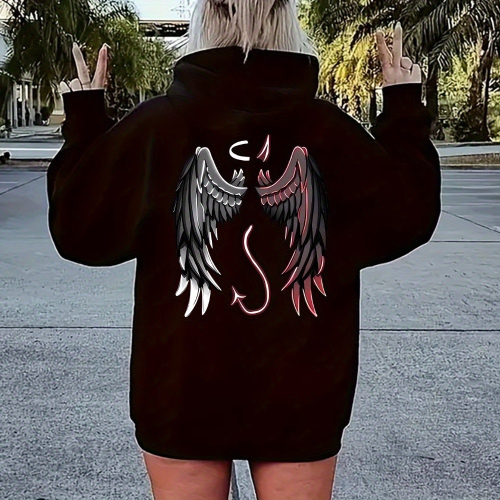 

Wings Print Zipper Hoodie, Casual Long Sleeve Slant Pocket Hoodie, Women's Clothing