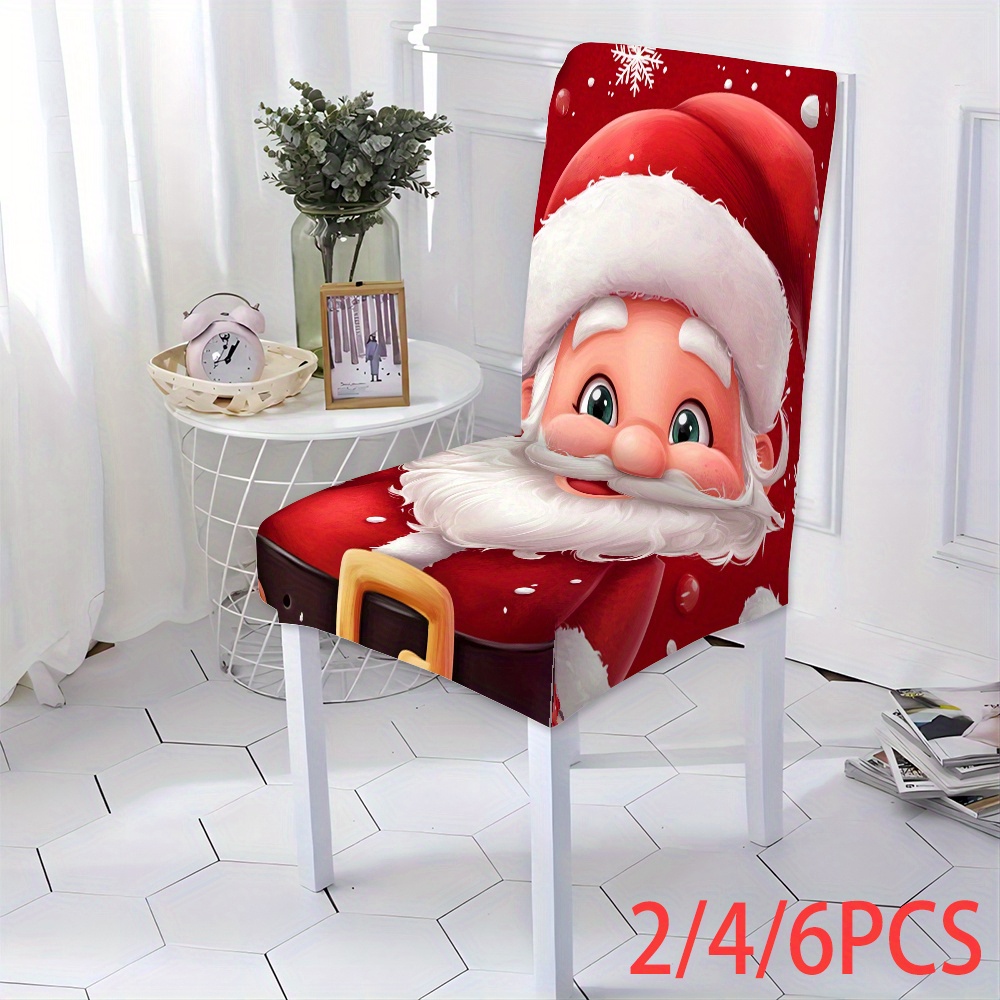 

Santa Claus Print Stretch Chair Slipcovers - Band Closure, Machine Washable Polyester Chair Covers For Living Room And Kitchen, Holiday Dining Chair Protectors (2/4/6 Pack)