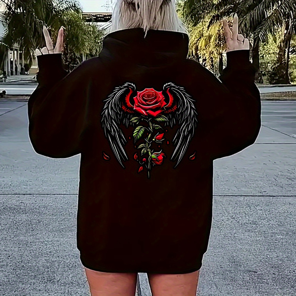 

Rose Print Zipper Hoodie, Casual Long Sleeve Slant Pocket Hoodie, Women's Clothing