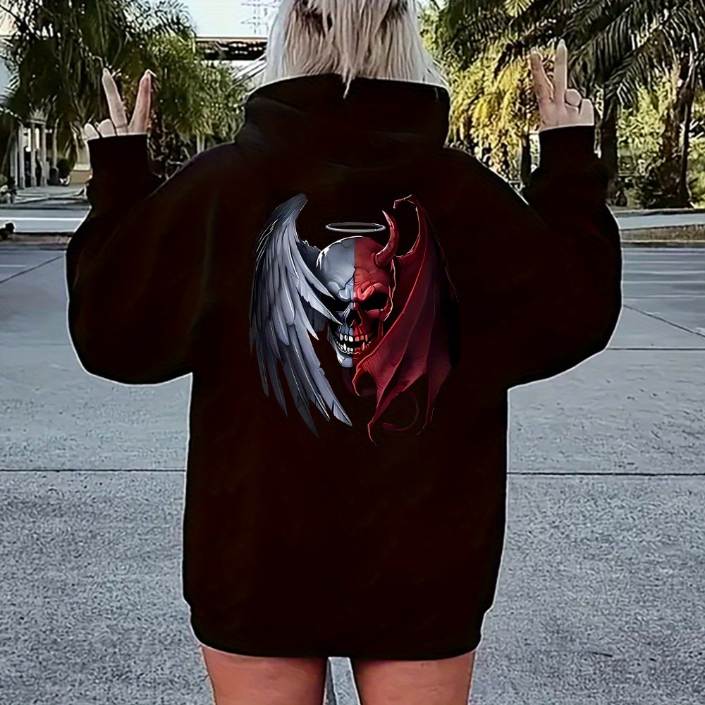 

Cartoon Demon Wings Print Zip-up Hoodie For Young Adults - 100% Polyester Knit Fabric With Pockets, Sports Jacket For Fall/winter - Casual Hooded Sweatshirt With Style