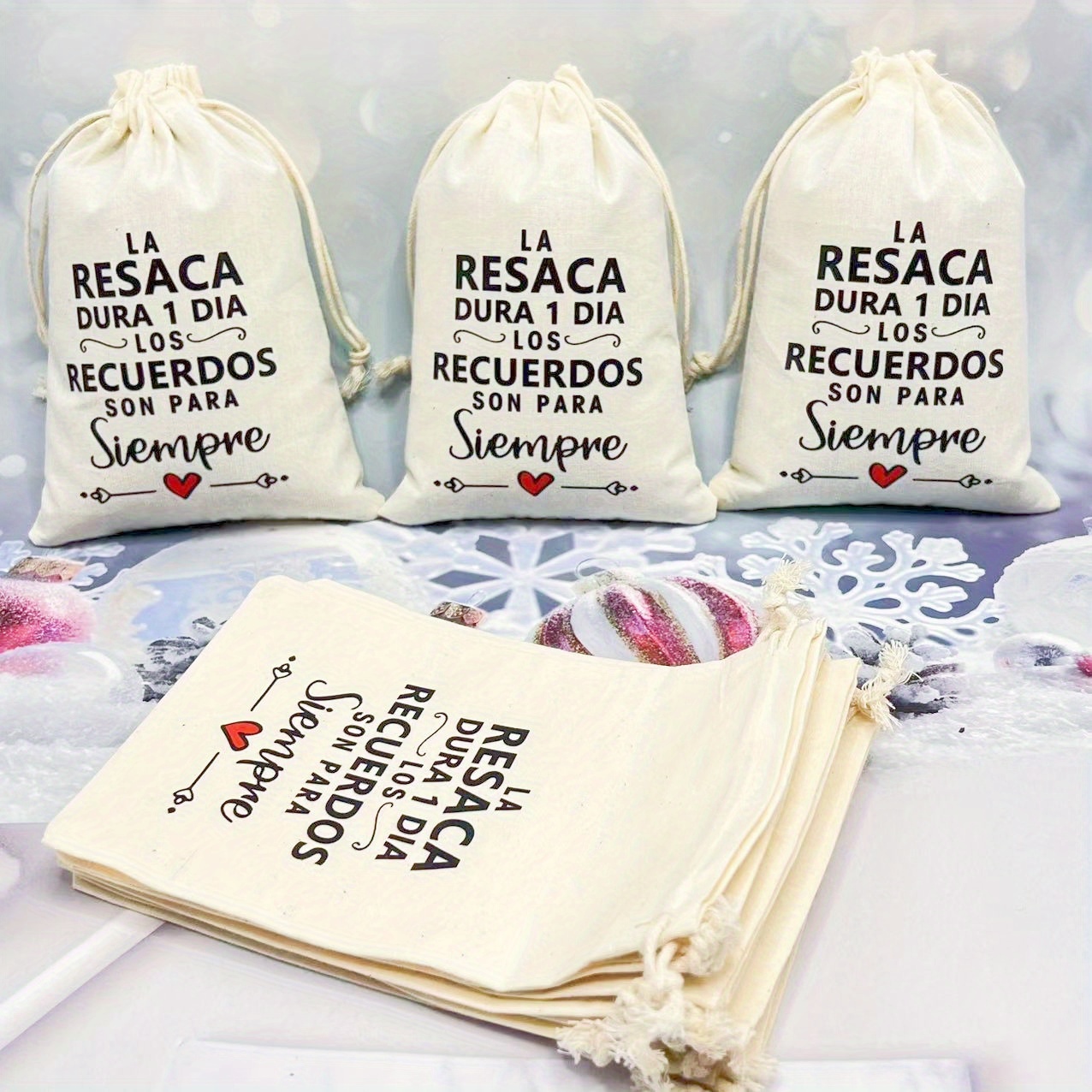 

10-pack Cotton Drawstring Favor Bags With Spanish Quote - Wedding Hangover Recovery Kits, "la Dura 1 Dia, Los Recuerdos " Personalized Gift Pouches