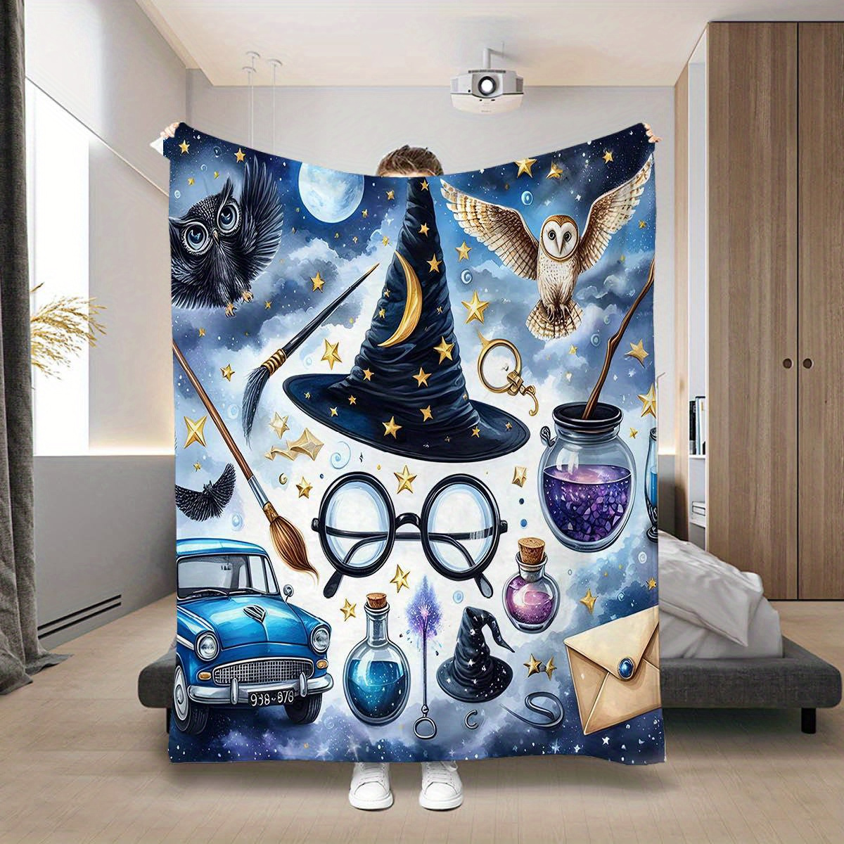 

Vintage Wizard-themed Knitted Polyester Flannel Throw Blanket | , Soft Warm Multipurpose Nap Travel Office Sofa Bed Blanket | 200-250g Magic Motif With No Embellishment | 1pc