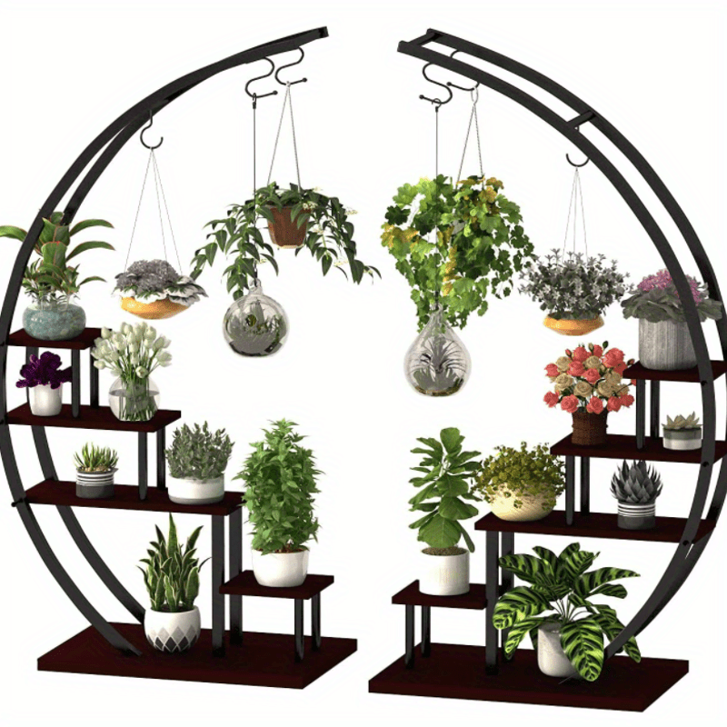 

1pc Modern 5-tier Half Moon Shaped Plant Stand With 6 Hooks, Multipurpose Indoor Flower Shelf Display For Home And Office Decor, Moon Decor, Merxeng