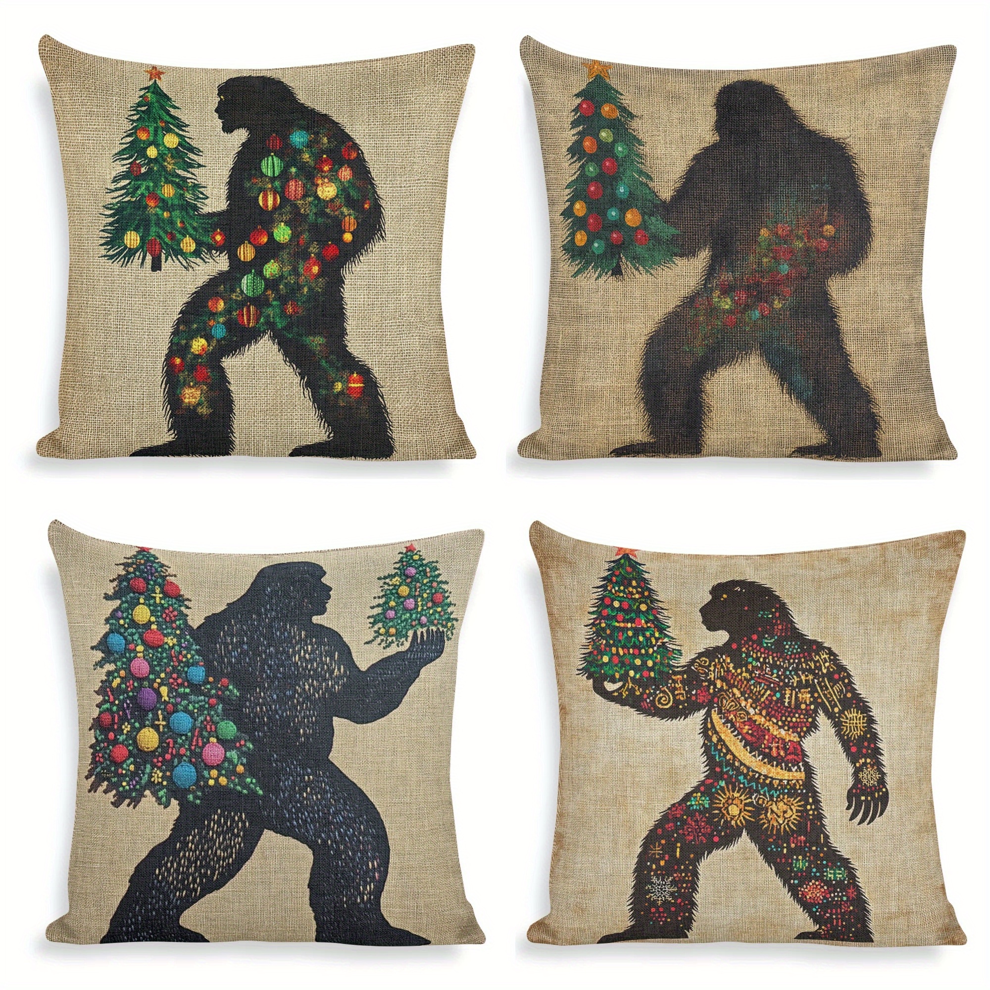 

4-pack Sasquatch Silhouette Christmas Tree Throw Cushion Covers, Zippered 18x18 Inch Decorative Pillowcases, Country-rustic Style Polyester Weave For Sofa, Chair, Bed, Living Room, And Office Decor