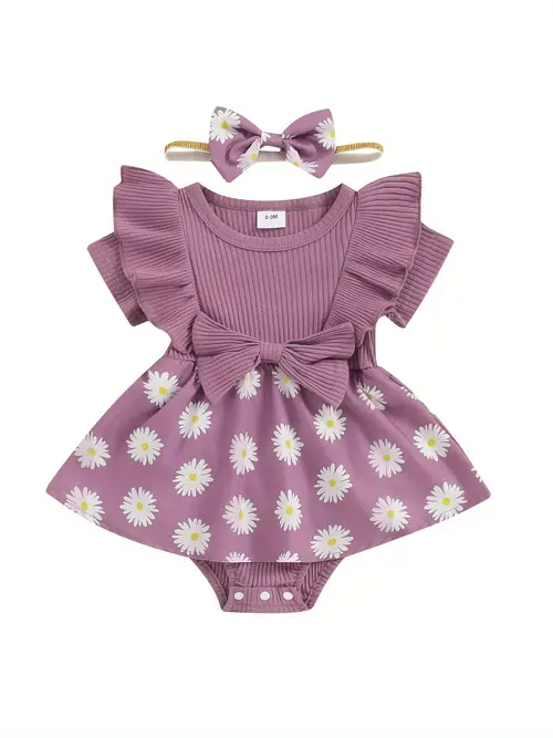 infant baby girl romper dress daisy print short sleeve round neck jumpsuit with bow headband