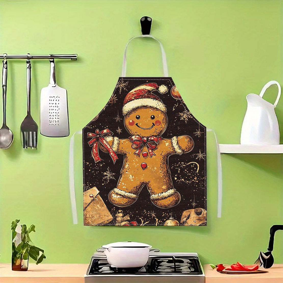 

Christmas Gingerbread Man Printed Apron - Linen Kitchen Apron For Cooking, Grilling, Unisex With Tie-, Woven Linen 100%, Home Decor Bbq Apron, Fashionable Housework Kitchen Utility Wear