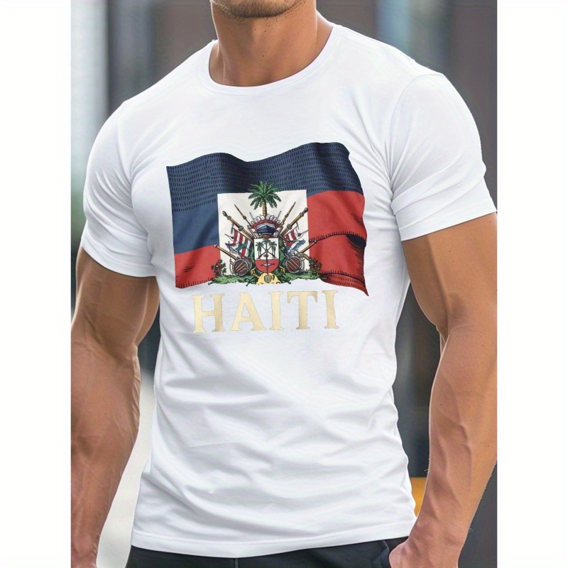 

T-Shirt Homme avec Imprimé et Armoiries d'Haïti - Col Rond Décontracté, Manches Courtes, Haut Léger en Polyester pour l'Été, Lavable en Machine, T-Shirt Haïtien