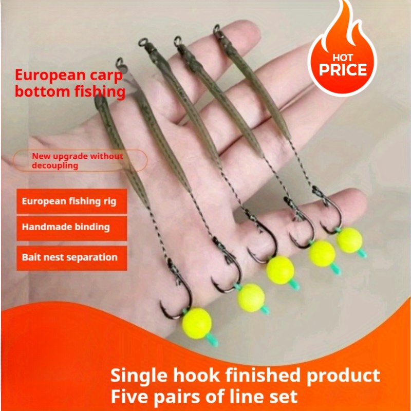 

5-pack Carp Fishing Rigs With Fluorescent Beads, Carbon Steel Single Overturned Hooks, European Bottom Fishing Tackle Set For