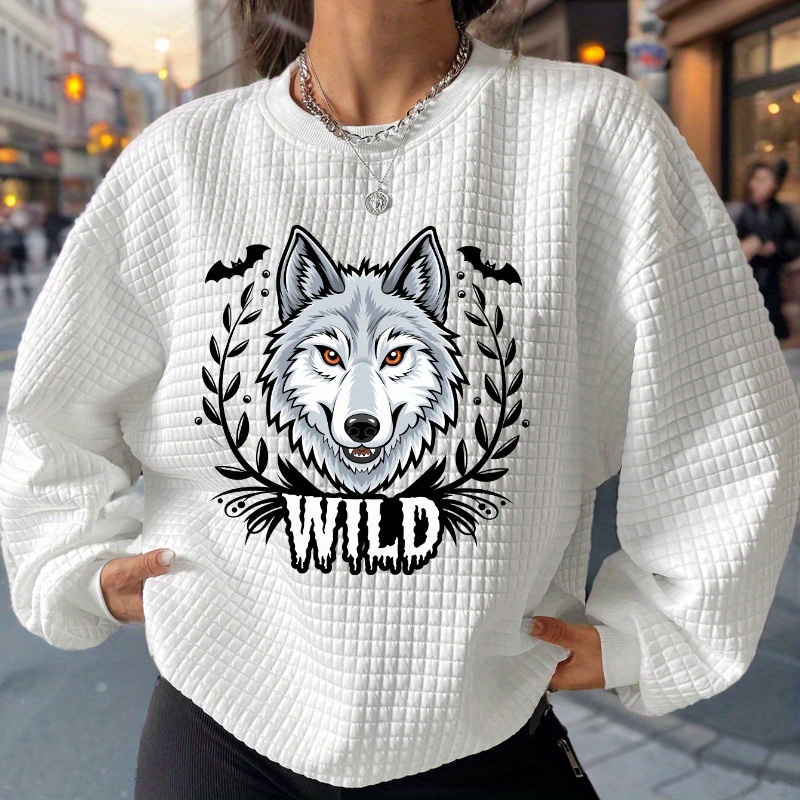 

Cartoon Wolf Sweatshirt, Casual Long Sleeve Crew Neck Sweatshirt For Spring & Fall, Women's Clothing