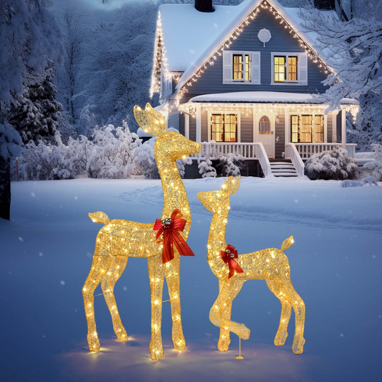 

Set Of 2 Family With 210 Leds Warm White Lights, Light Up Glittered Standing Reindeer Family For Lighted Holiday