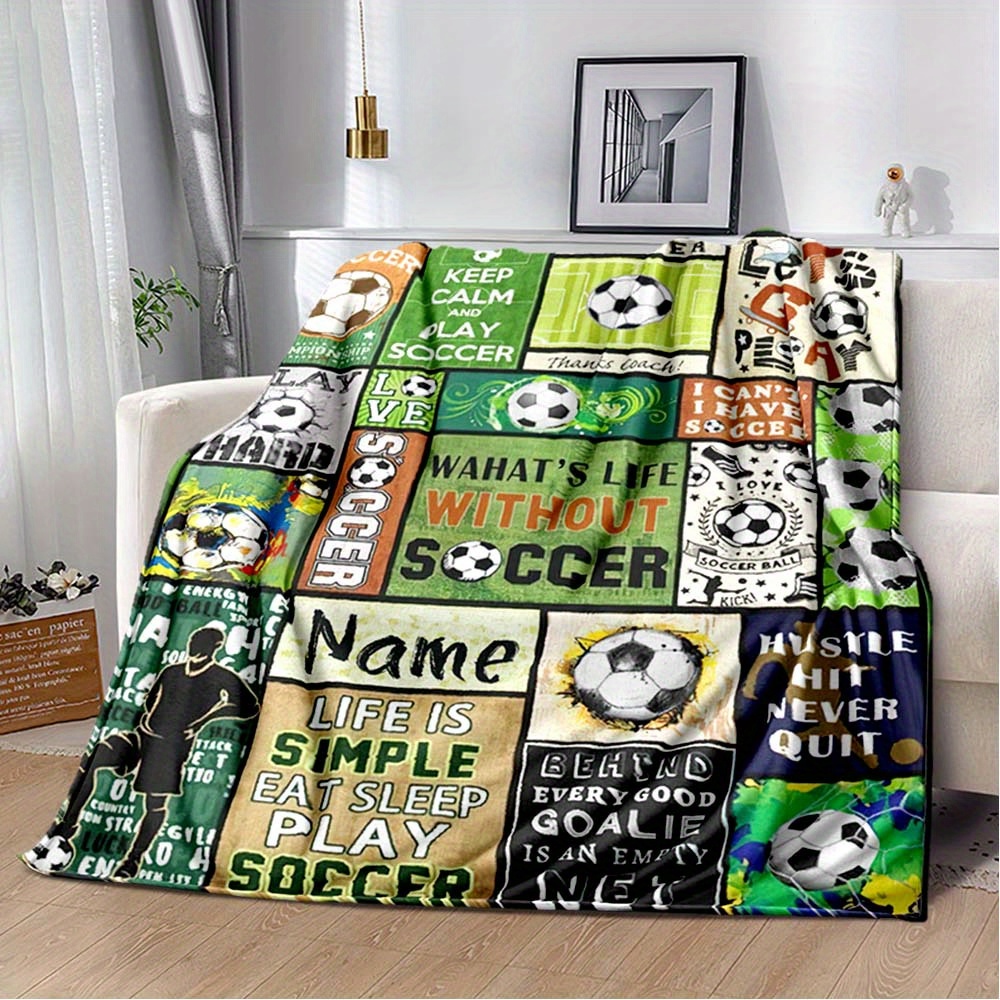 

Personalized Soccer Theme Blanket – Custom Name Cozy Polyester Throw For Sofa, Chair, Bed, Travel – Ideal Gift For And Players