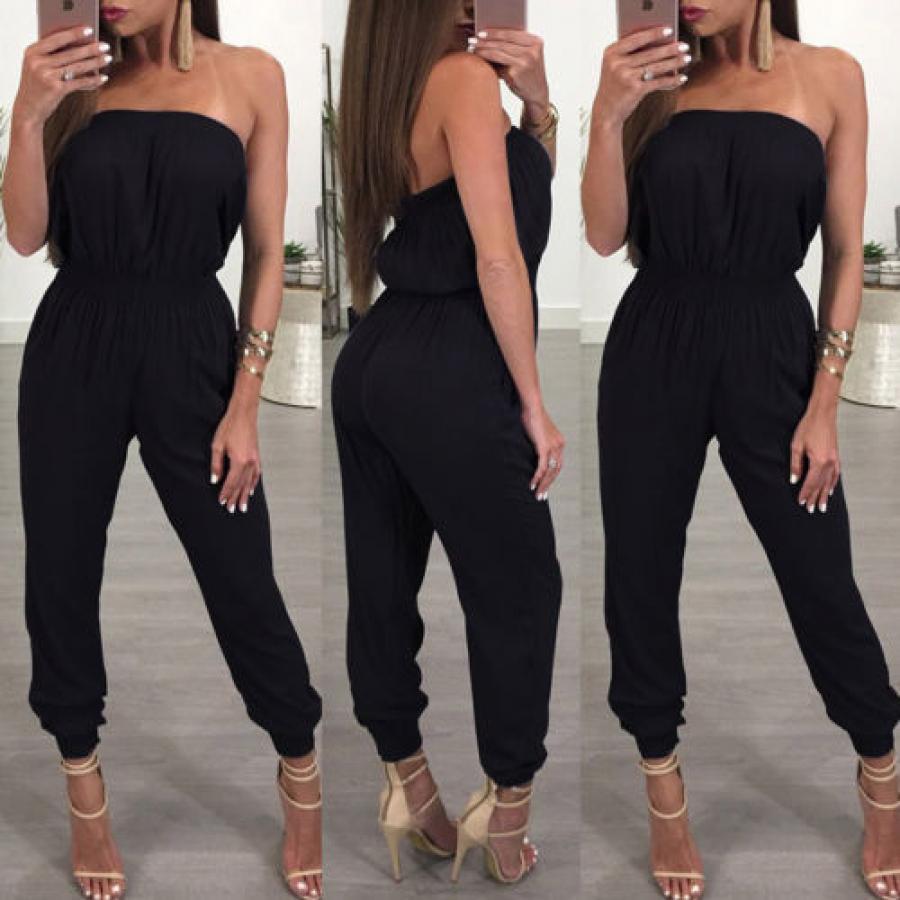 

Womens Sexy Jumpsuit, Solid Shoulder Long Pants Outfit, Waist Band Strapless Bottoms