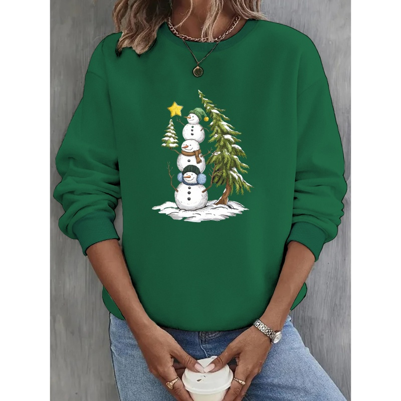 

[holiday ] Women's Polyester Crew Neck Sweatshirt, Casual Knit Fabric Pullover, With Snowman Family , For Fall & Winter