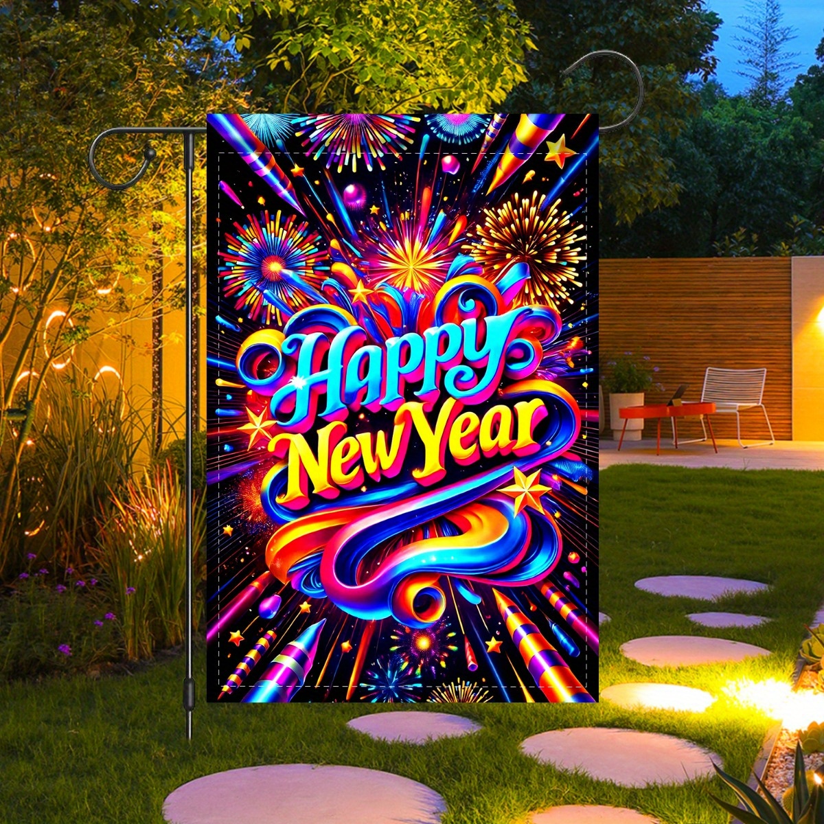 

1pc, 12x18 Inch Polyester Happy New Year Fireworks Flag, Double-sided Celebration Decor, For Indoor Party, Outdoor Garden, Home Yard, No Flagpole Required