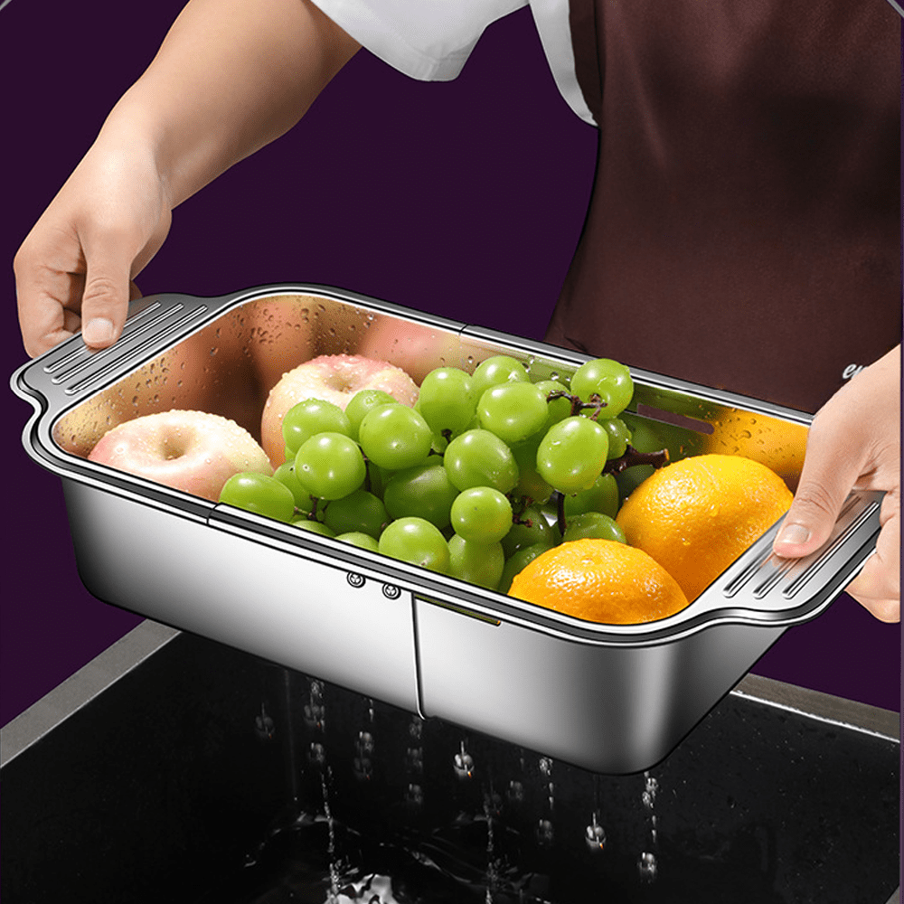 1 stainless steel colander basket that extends over the sink adjustable size from 8 25 to 13 75 17 25 for rinsing fruits and vegetables draining pasta and drying dishes an essential tool for home kitchens Product details 3