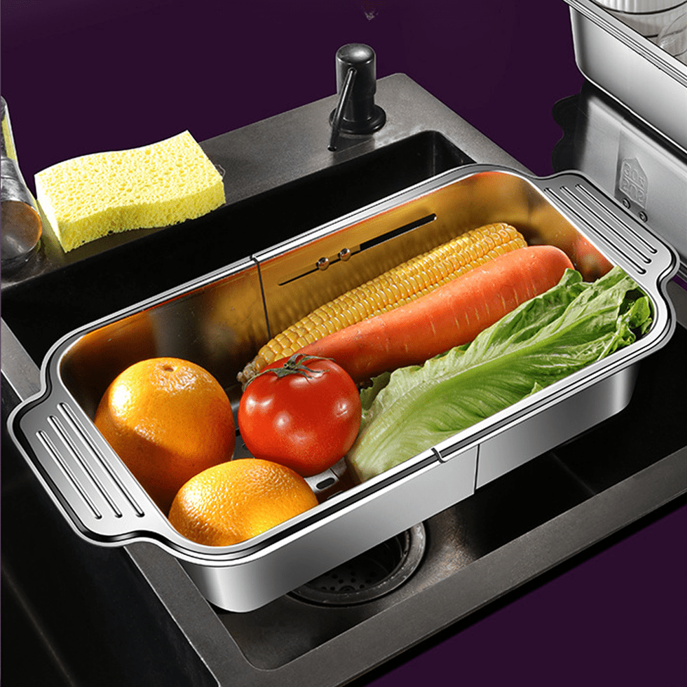 1 stainless steel colander basket that extends over the sink adjustable size from 8 25 to 13 75 17 25 for rinsing fruits and vegetables draining pasta and drying dishes an essential tool for home kitchens Product details 6