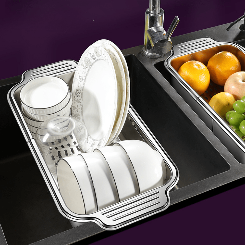 1 stainless steel colander basket that extends over the sink adjustable size from 8 25 to 13 75 17 25 for rinsing fruits and vegetables draining pasta and drying dishes an essential tool for home kitchens Product details 4