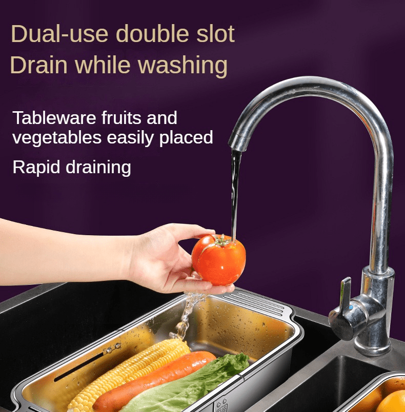1 stainless steel colander basket that extends over the sink adjustable size from 8 25 to 13 75 17 25 for rinsing fruits and vegetables draining pasta and drying dishes an essential tool for home kitchens Product details 0