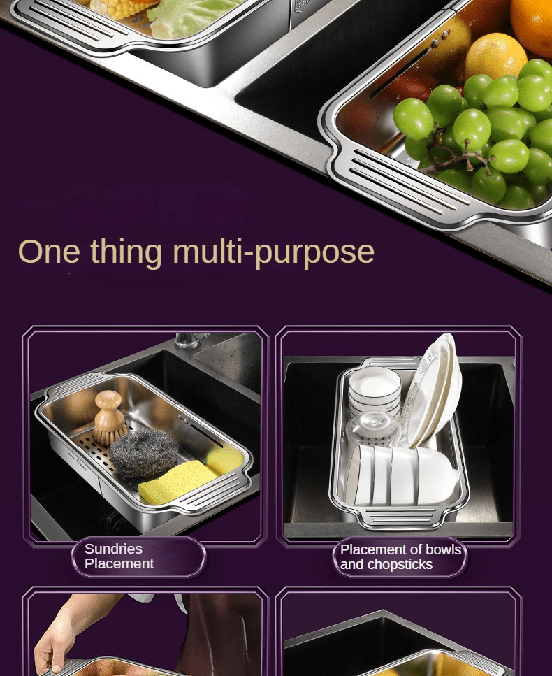 1 stainless steel colander basket that extends over the sink adjustable size from 8 25 to 13 75 17 25 for rinsing fruits and vegetables draining pasta and drying dishes an essential tool for home kitchens Product details 1