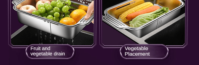 1 stainless steel colander basket that extends over the sink adjustable size from 8 25 to 13 75 17 25 for rinsing fruits and vegetables draining pasta and drying dishes an essential tool for home kitchens Product details 2