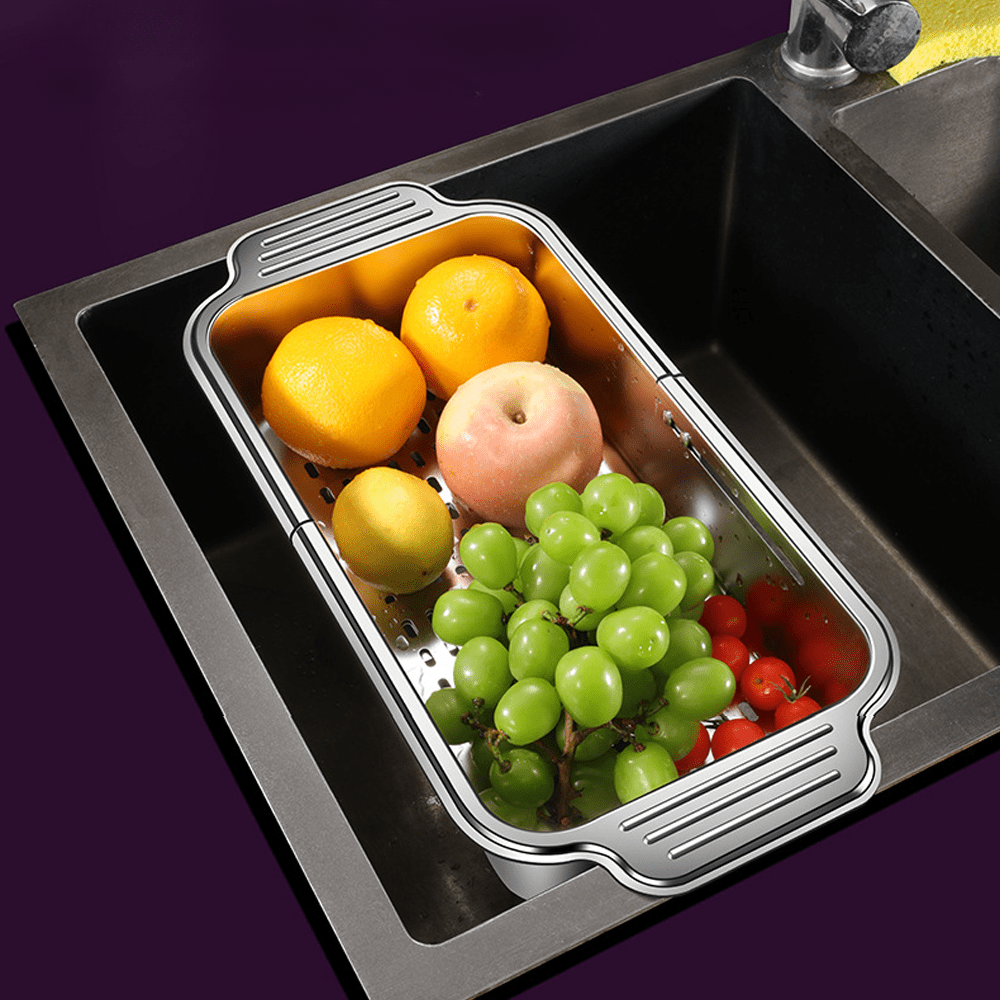 1 stainless steel colander basket that extends over the sink adjustable size from 8 25 to 13 75 17 25 for rinsing fruits and vegetables draining pasta and drying dishes an essential tool for home kitchens Product details 5
