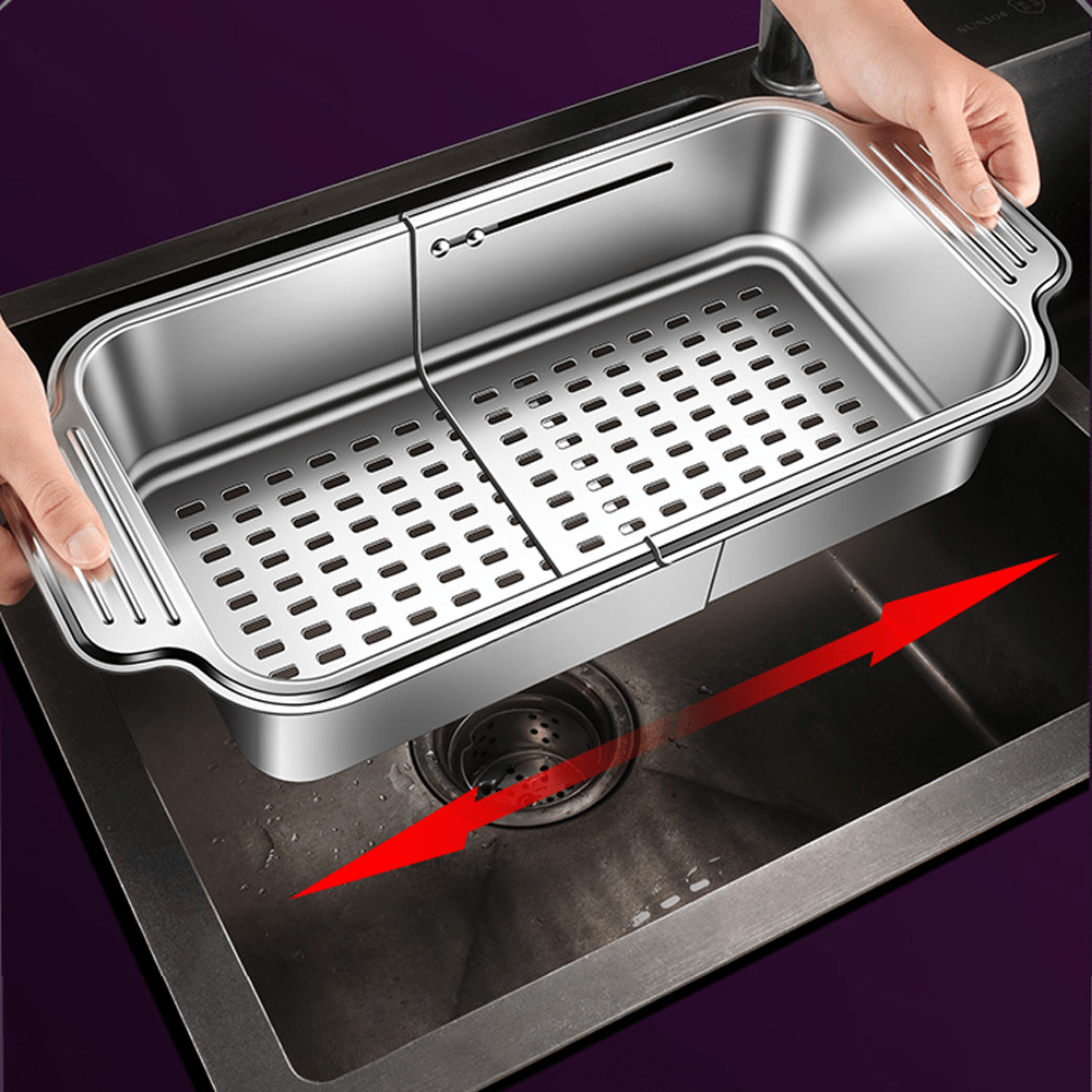 1 stainless steel colander basket that extends over the sink adjustable size from 8 25 to 13 75 17 25 for rinsing fruits and vegetables draining pasta and drying dishes an essential tool for home kitchens Product details 7