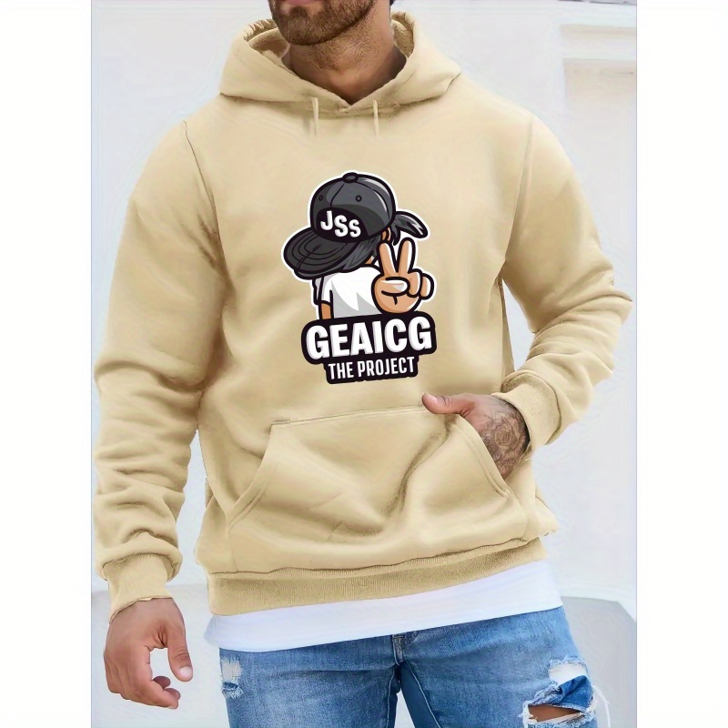 

Men's Polyester Hoodie With Geaicg Graphic, Casual Knit Fabric Pullover With Long Sleeves, Hooded Winter Sweater With Stretch