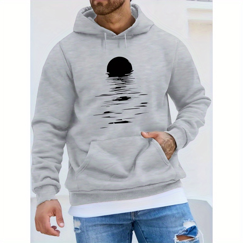 

Sunset Print Men's Pullover Round Neck Hoodies With Kangaroo Pocket Long Sleeve Hooded Sweatshirt Loose Casual Top For Autumn Winter Men's Clothing As Gifts