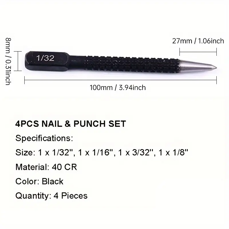 4-Piece Nail Punch & Center Punch Set – 1/32, 1/16, 3/32, 1/8 4-Piece Nail Punch & Center Punch Set – 1/32, 1/16, 3/32, 1/8
