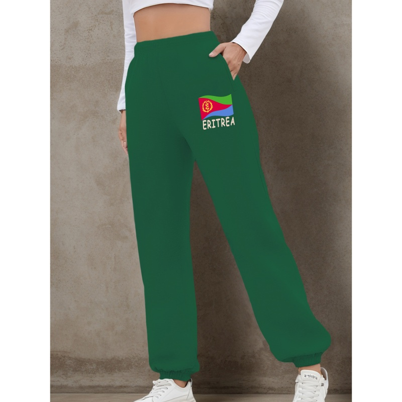 

Eritrea Women's Sweatpants - Casual Black Polyester Knit With Flag Emblem, Waistband & Pockets, Machine Washable For Fall/winter