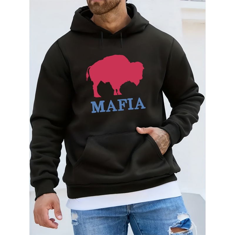 

Casual Hooded Sweatshirt For Men - 100% Polyester Long Sleeve Hoodie With Buffalo Silhouette And '' Print - Winter Knit Fabric Pullover With Slight Stretch, Regular Fit