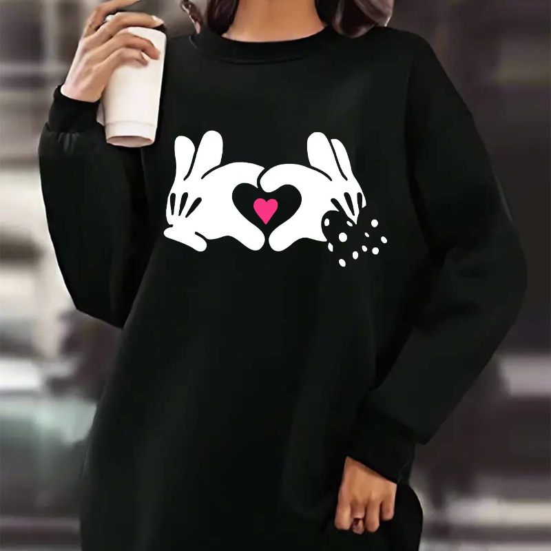 

Plus Size Cartoon Hands Heart Graphic Sweatshirt Dress - Knit Polyester Fabric, Crew Neck, Long Sleeve, Pullover, Casual Fall/winter Midi Dress For Women