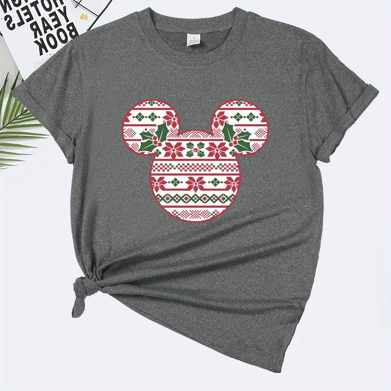 

Christmas Cartoon Print Graphic T Shirt, Breathable Short Sleeve Crew Neck Summer Tee, Women's Top