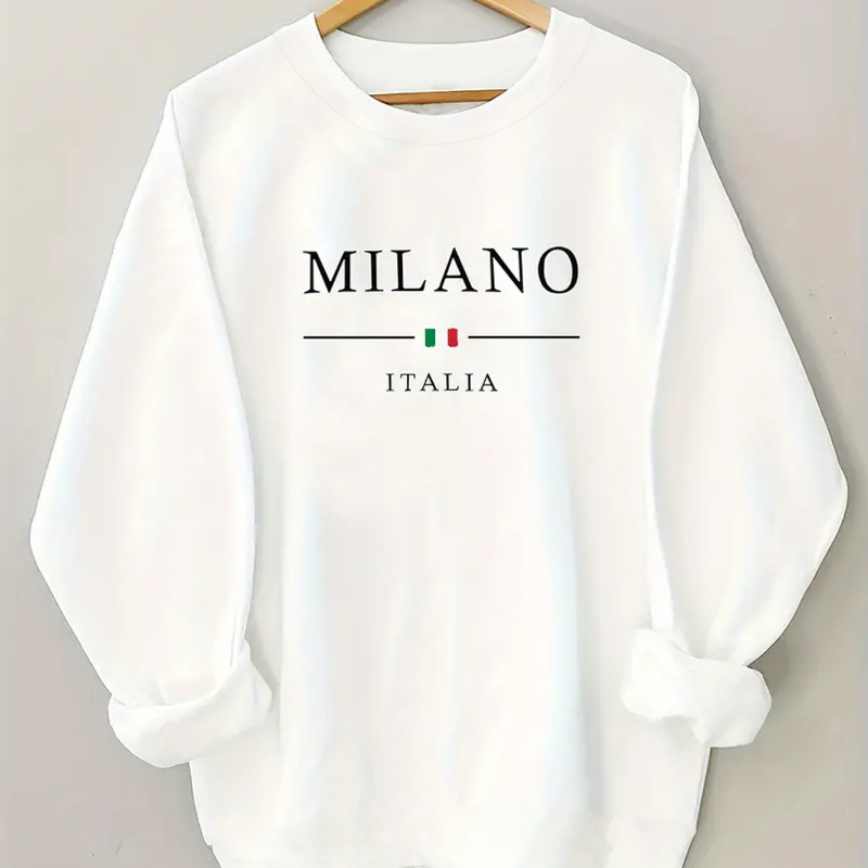 

Sweat-shirt à imprimé de lettres Italia - 100 % polyester tricoté Tissu décontracté à col rond Pullover à manches longues pour femmes, automne/hiver Pull léger à motif alphabétique