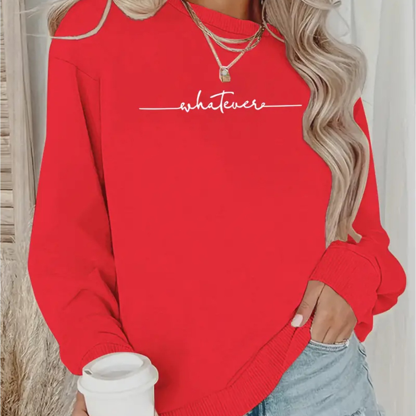 

Cozy Letter Neck Sweatshirt For Women - Long Sleeve, Casual Fall/winter Top, Machine Washable