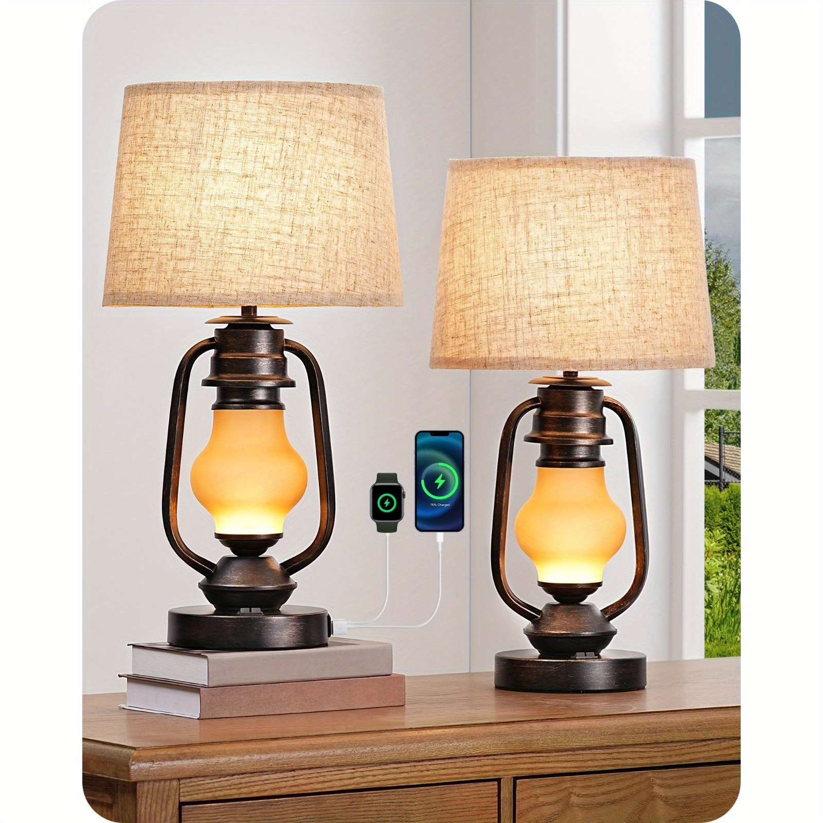 

Edishine 2 Pack 21.65" Farmhouse Table Lamp, Bedside Lamp With 3w 2700k Led Glass Lantern Night Light, A+c Usb Ports, Rustic Nightstand Lamp For Living Room, Bedroom