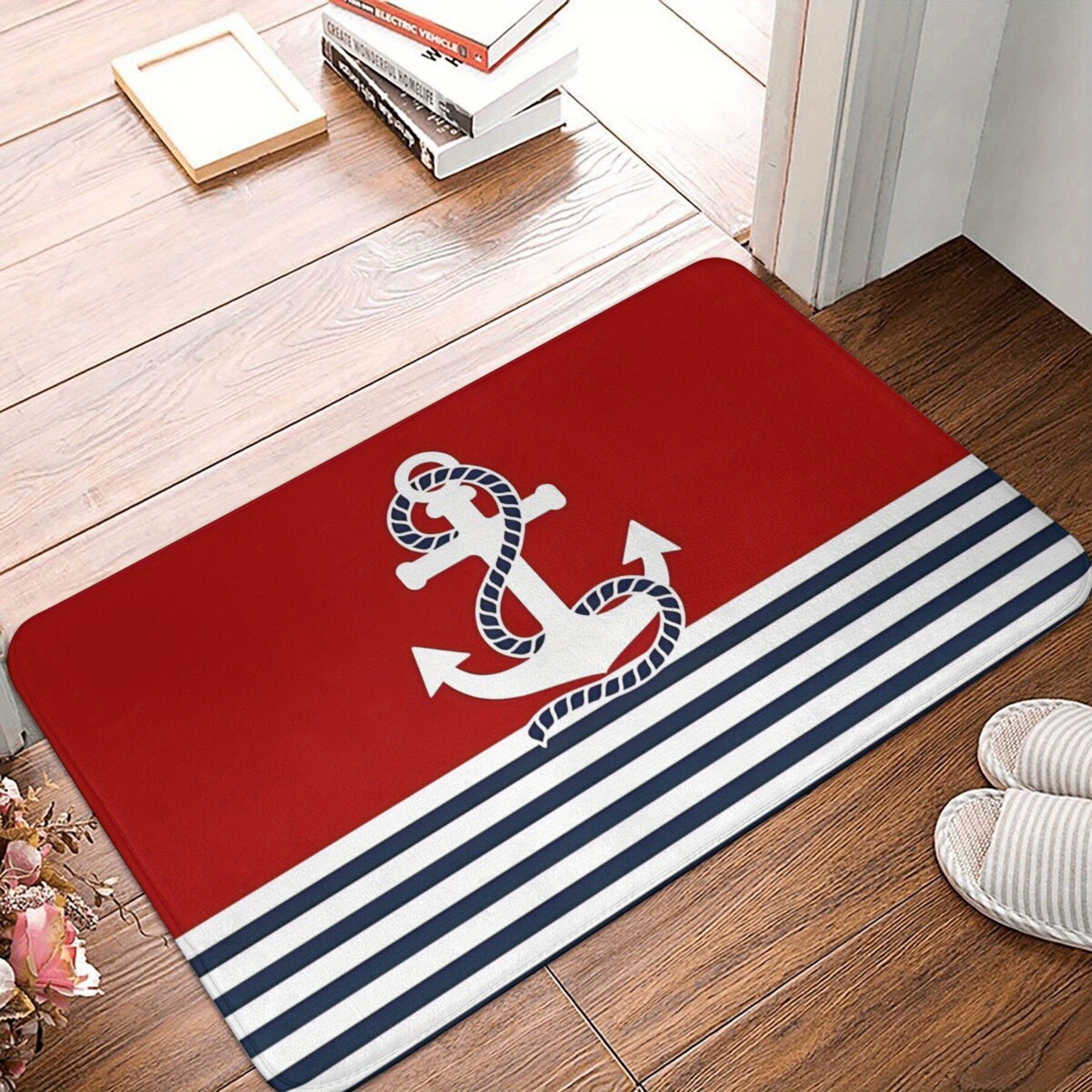 TEMU Nautical Anchor Doormat - Lightweight, Non-slip, Machine Washable Polyester For Living Room, Kitchen - Rectangle Home Decor Carpet With Design